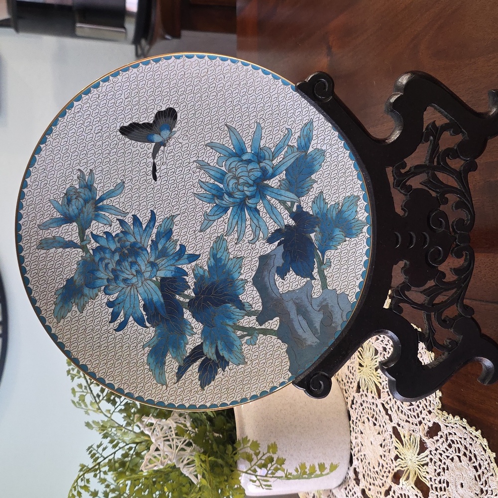 Vintage Jingfa Chinese Cloisonné Plate with Stand